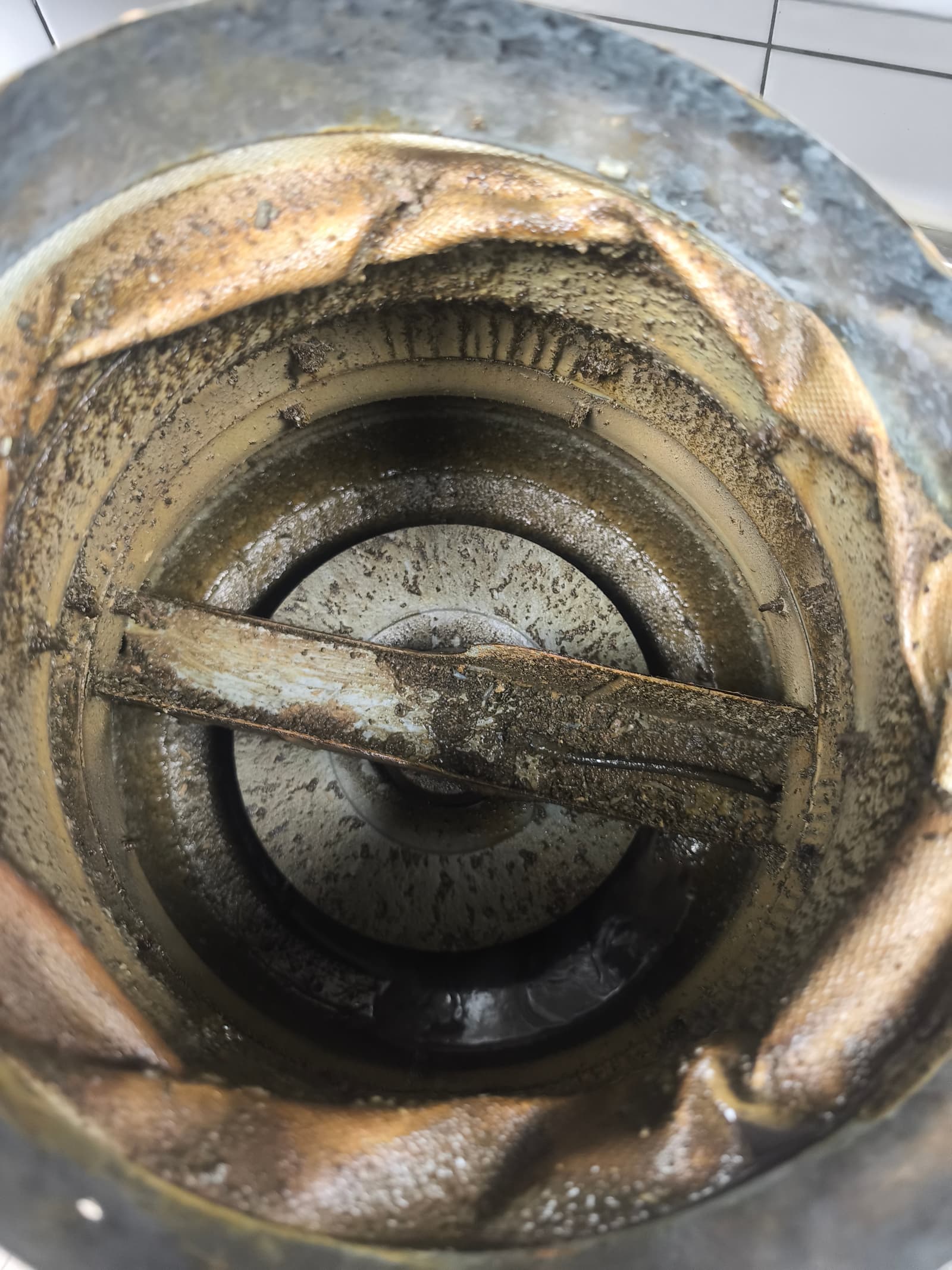 Turbine d'extraction vue de face, encrassée par la graisse de cuisson